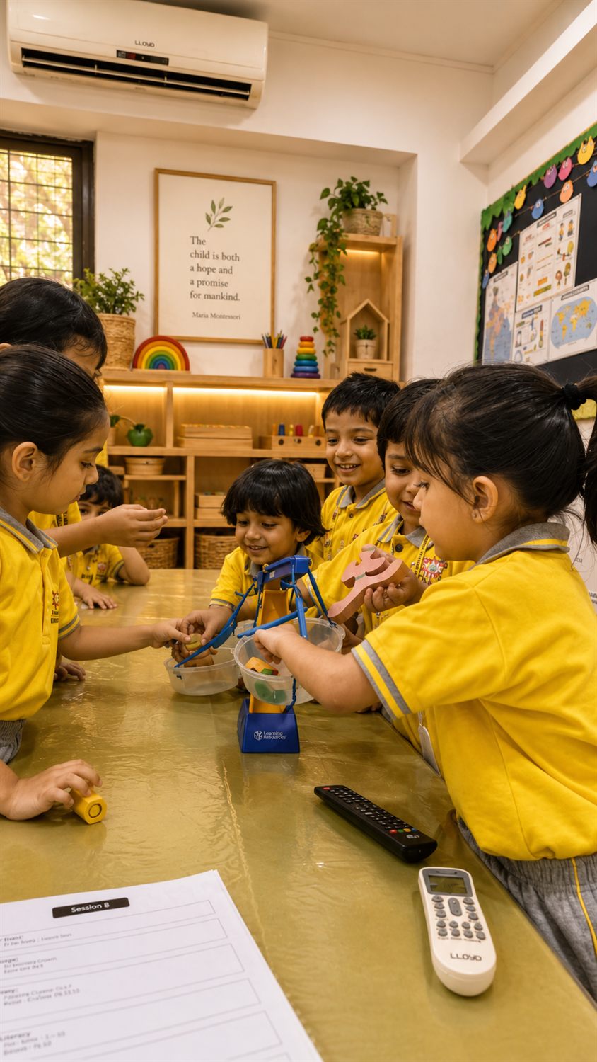 A group of children learning together around a table at Smartkids