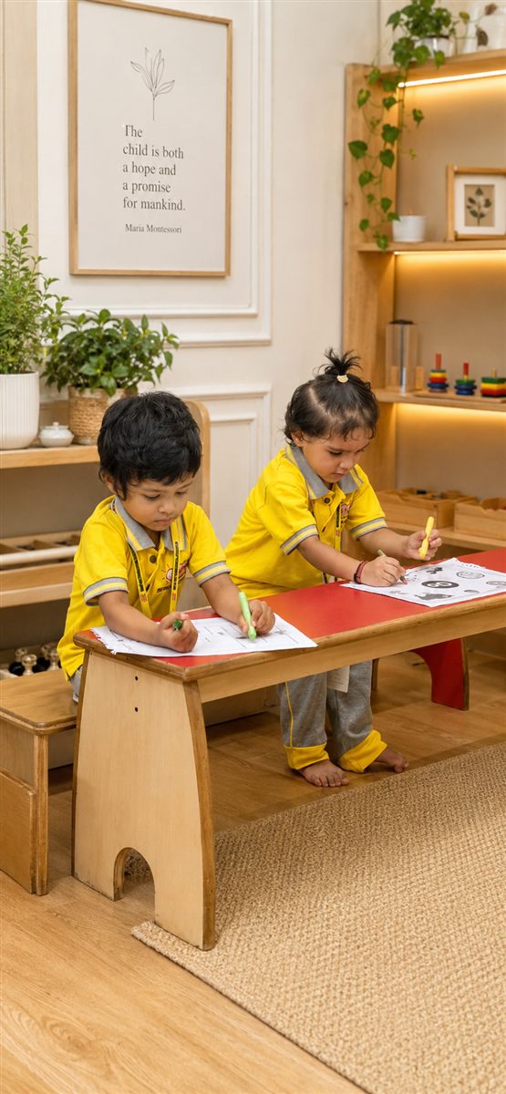 Two junior kindergarten children colouring together at a table