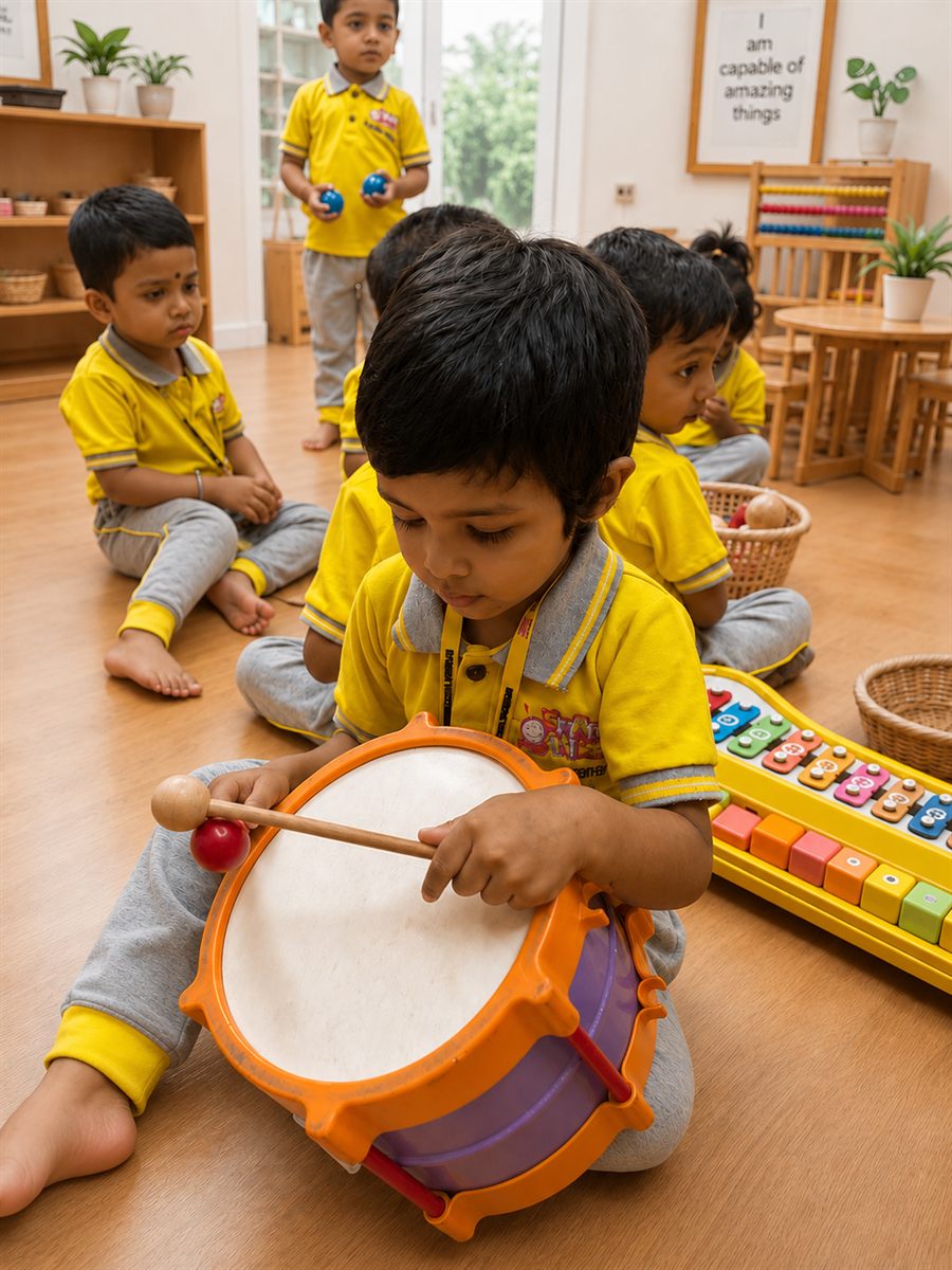 Children playing musical instruments together in a Montessori classroom