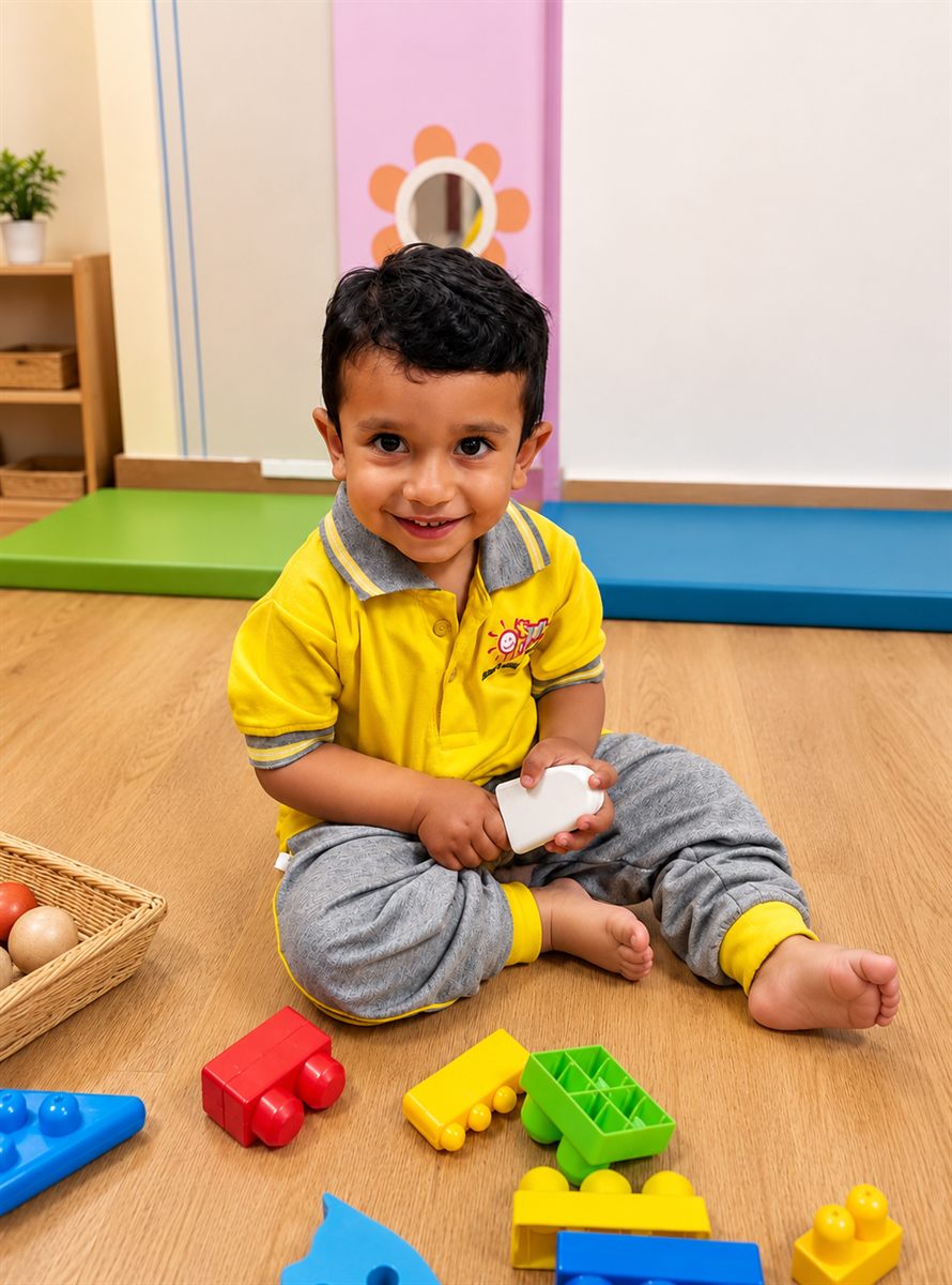 A child smiling while building with blocks at Smartkids