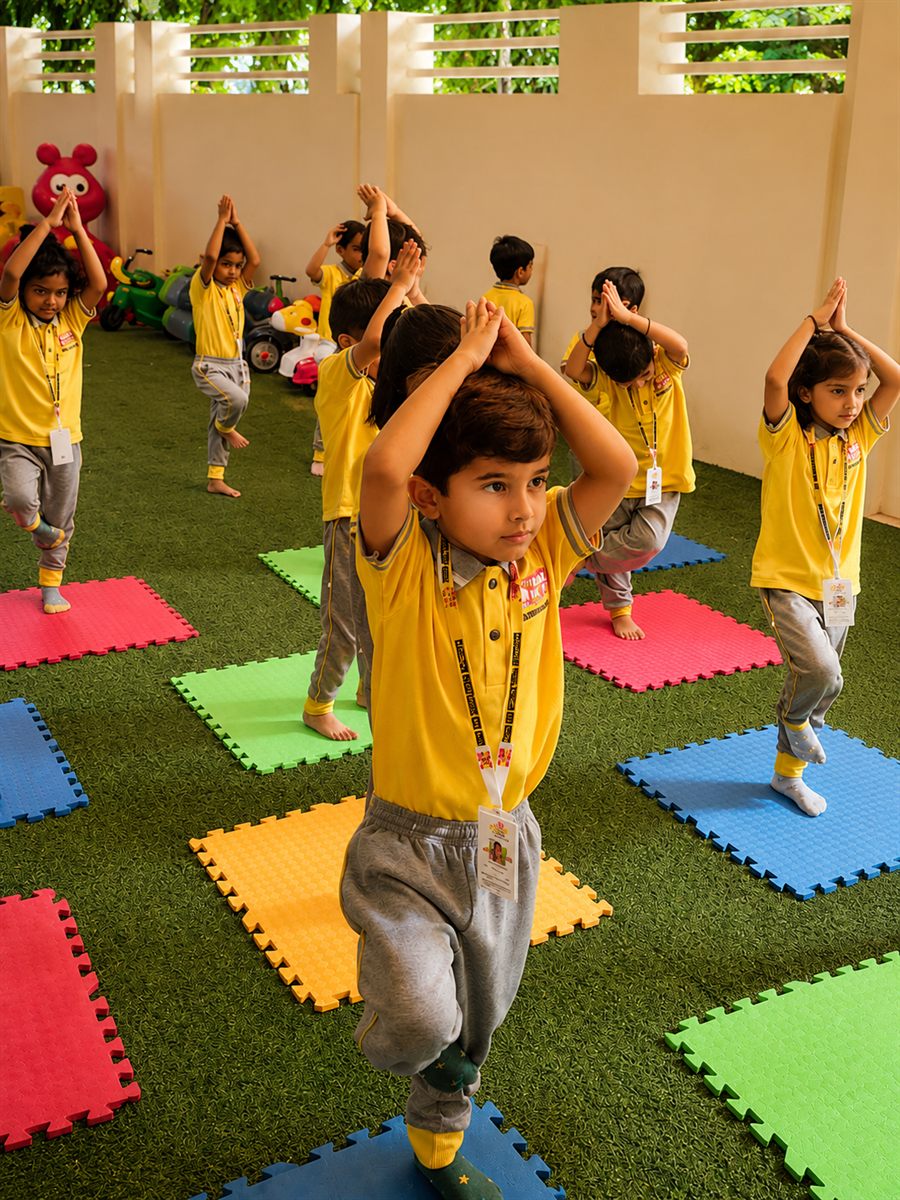 Senior kindergarten children doing a yoga tree pose together